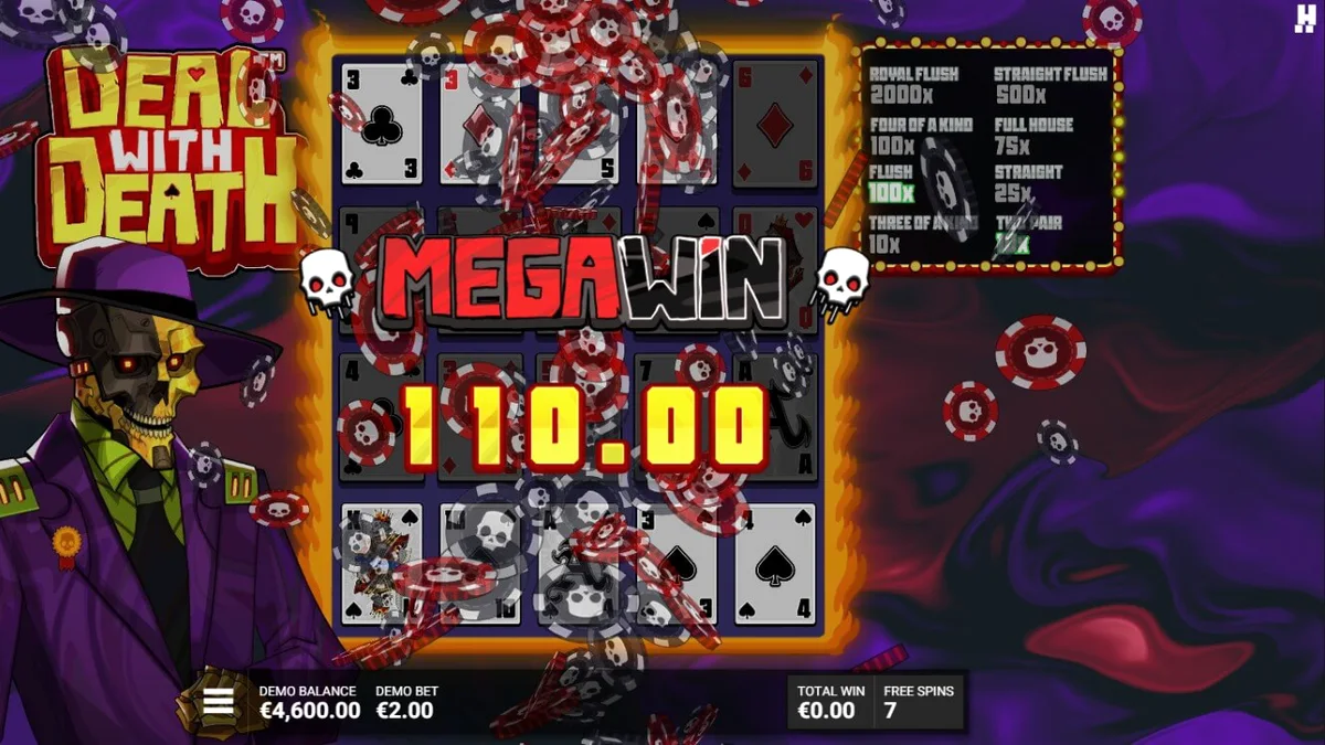 Isang futuristic na disenyo ng Deal With Death slot na nagtatampok ng mga card suit at skeletal imagery.