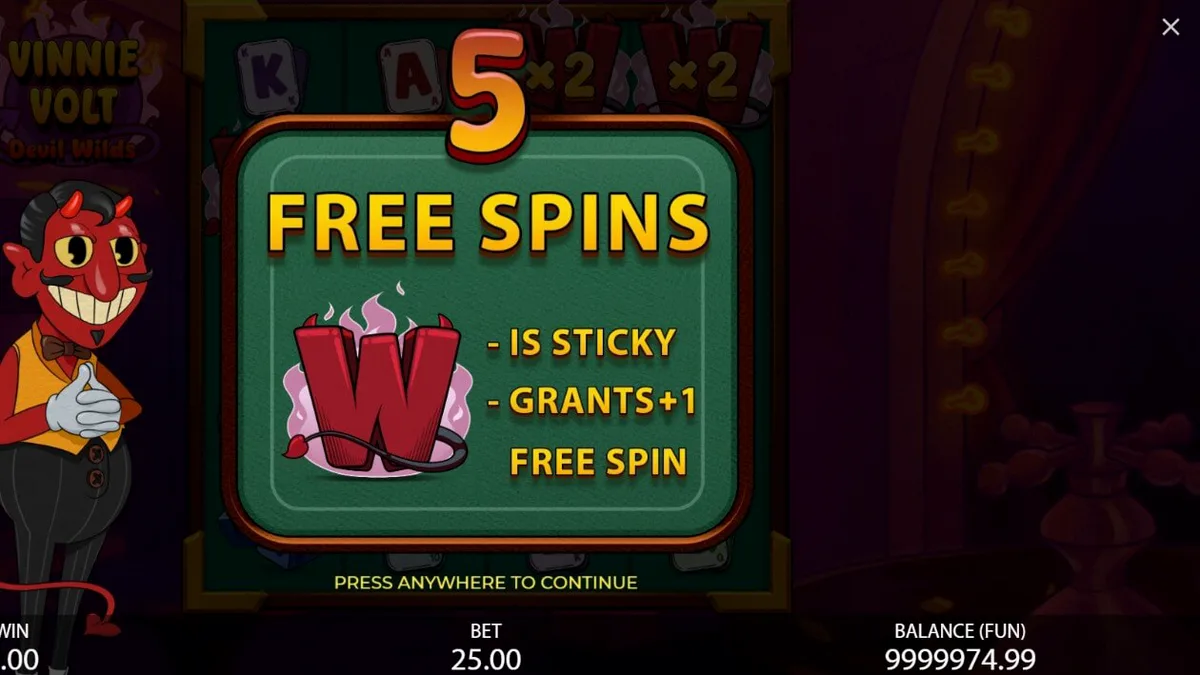 Vinnie Volt: Devil Wilds slot machine interface na may cartoon devil host